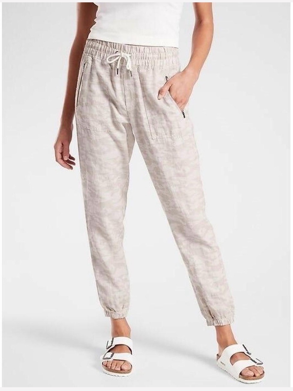 Athleta Cabo Linen Jogger Pants 100% Linen Beige Animal Print Size 12